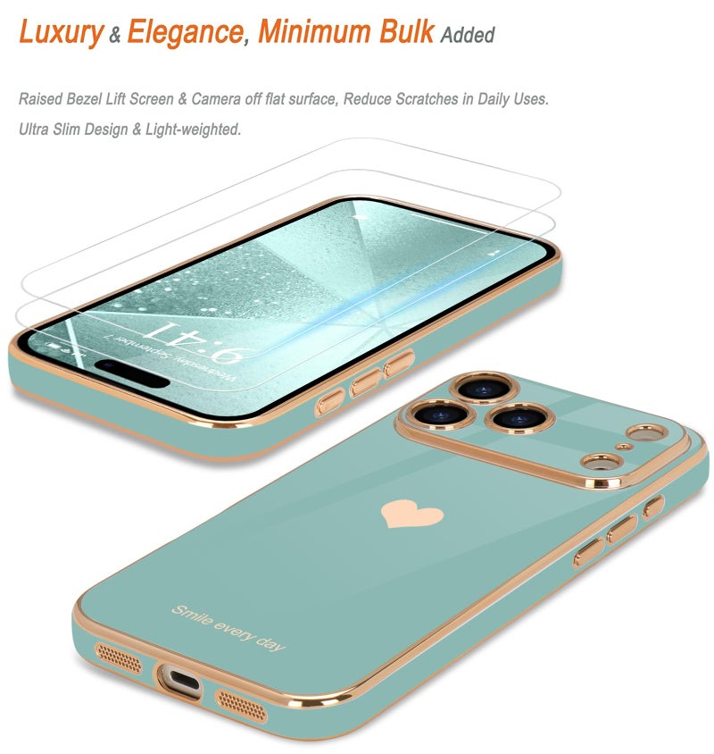 Teageo for iPhone 17 Pro Max Case with Screen Protector [2 Pack] Girl Women Cute Girly Love-Heart Luxury Gold Soft Cover Camera Protection Shockproof Phone Case for iPhone 17 Pro Max, Teal - Image 3