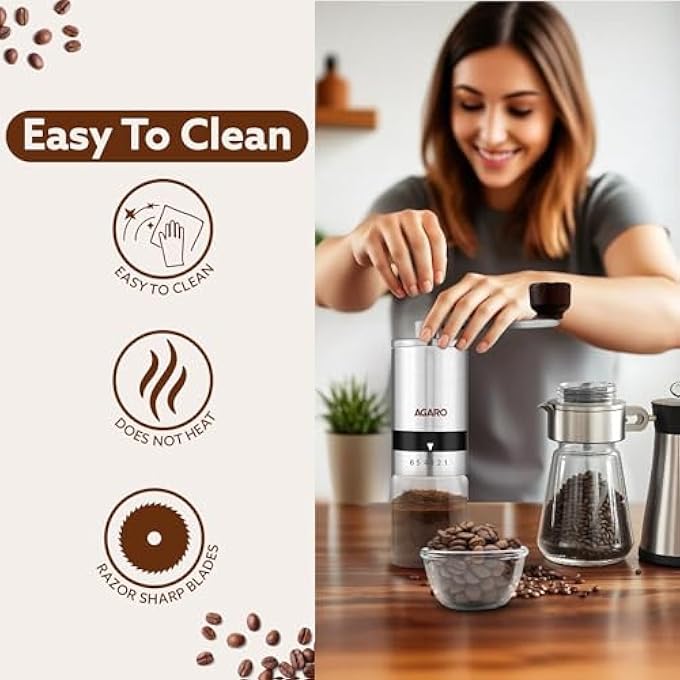 أغارو مطحنة قهوة يدوية فاخرة، مطحنة سيراميك مع جرة زجاجية، 6 إعدادات قابلة للتعديل، هيكل من الفولاذ المقاوم للصدأ، مقبض أسنان، بدون طاقة، حبوب كاملة، قهوة إسبريسو بالتنقيط، فضي - Image 3