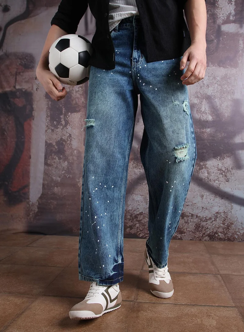 هوبرهولمي جينز رجالي قطن خالص بقصة واسعة وتأثير تلطيخ دهان قوي