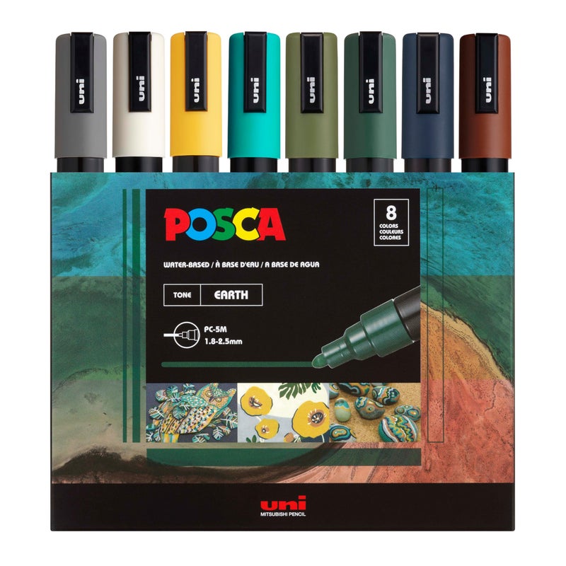 Posca Markers Set, 8 Medium Paint Markers 5M – Earth Tones – Grey, Ivory, Ochre, Emerald Green, Khaki Green, English Green, Navy Blue, Brown - Image 1