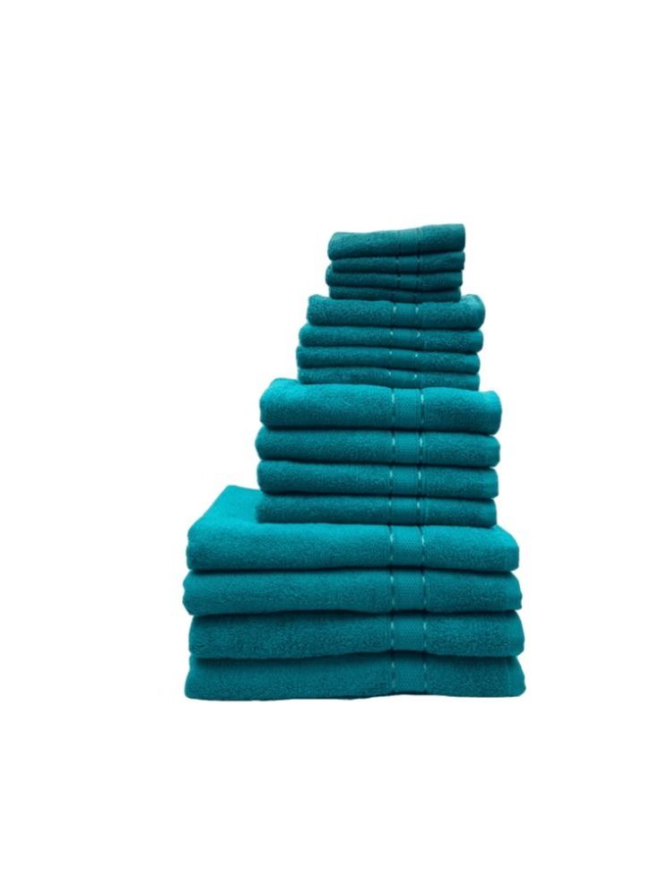 BYFT Daffodil (Turquoise Blue) 100% Cotton Premium Bath Linen Set (4 Face, 4 Hand, 4 Adult Bath and 4 Kids Bath Towel) Family Pack of 16 Pcs  - Image 1