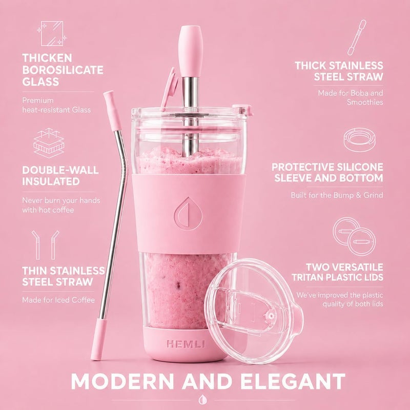 Hemli 19 oz. Double Wall Glass Coffee Tumbler, To Go Travel Mug with Lid, Portable Glass Thermos with Straw, Reusable Cup, Tea, Smoothies, Ice Coffee, and Boba - Image 2