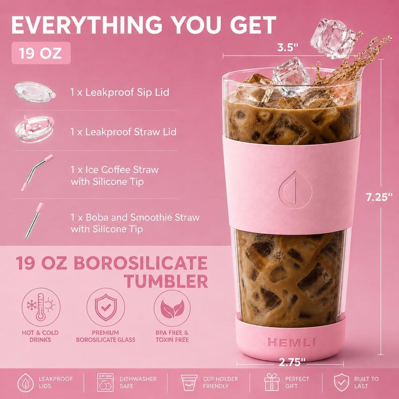 Hemli 19 oz. Double Wall Glass Coffee Tumbler, To Go Travel Mug with Lid, Portable Glass Thermos with Straw, Reusable Cup, Tea, Smoothies, Ice Coffee, and Boba - Image 3