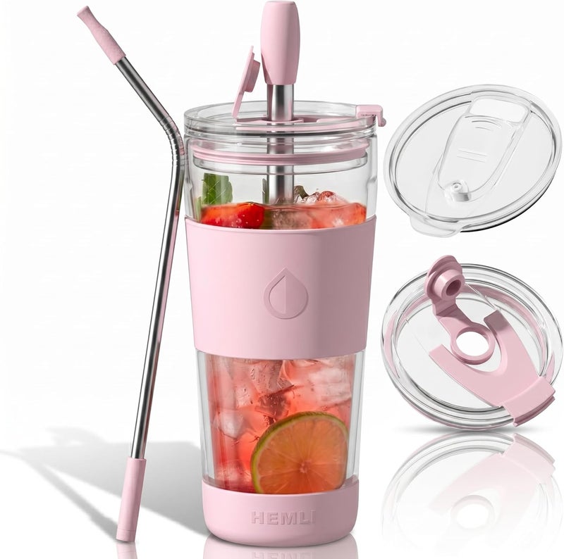 Hemli 19 oz. Double Wall Glass Coffee Tumbler, To Go Travel Mug with Lid, Portable Glass Thermos with Straw, Reusable Cup, Tea, Smoothies, Ice Coffee, and Boba - Image 1