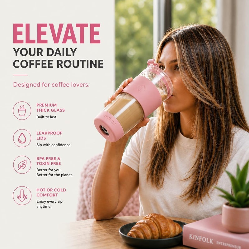 Hemli 19 oz. Double Wall Glass Coffee Tumbler, To Go Travel Mug with Lid, Portable Glass Thermos with Straw, Reusable Cup, Tea, Smoothies, Ice Coffee, and Boba - Image 4