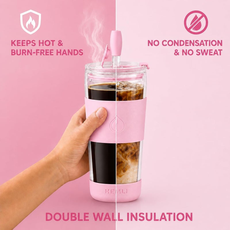 Hemli 19 oz. Double Wall Glass Coffee Tumbler, To Go Travel Mug with Lid, Portable Glass Thermos with Straw, Reusable Cup, Tea, Smoothies, Ice Coffee, and Boba - Image 5
