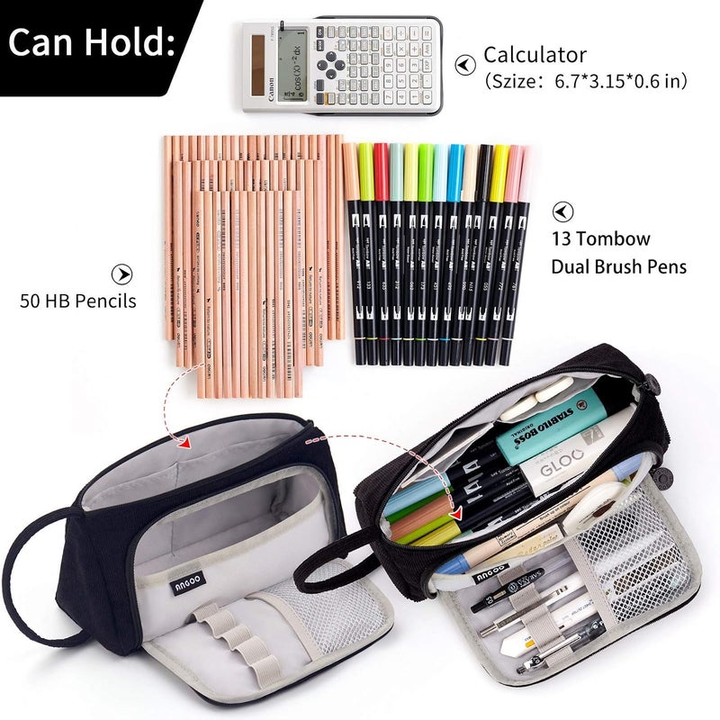 Yoawllty Big Capacity Pencil Case Canvas High Large Storage Pouch Marker Pen Case Simple Stationery Bag School College Office Organizer for Teens Girls Adults Student(Black) - Image 3
