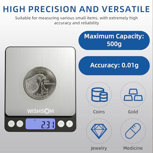WISHSOM Professional Jewelry Scale, 500g x 0.01g High Precision Digital Gold Scale, Portable Precious Metal Gram Scale for Jewelers, Pawn Shops, Coin Dealers, Gold & Silver Weighing - Image 3
