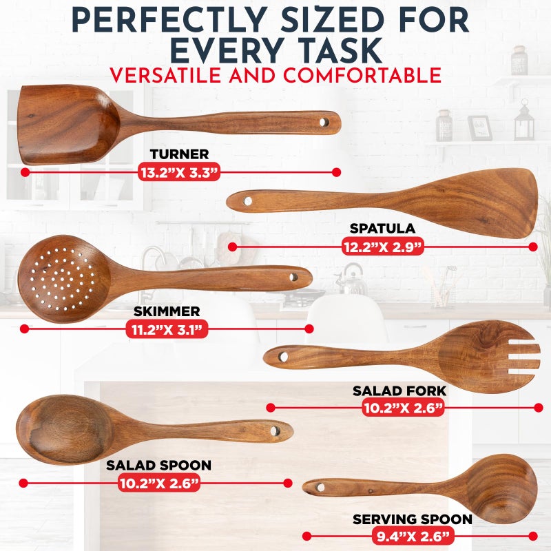 Culinary Couture Teak Wooden Utensil Set 6-Piece - Smooth Finish Wooden Spoons for Cooking - Comfortable Grip, Non Scratch Premium Kitchen Wooden Cooking Utensils Set Teak Wood Cooking Utensils - Image 3