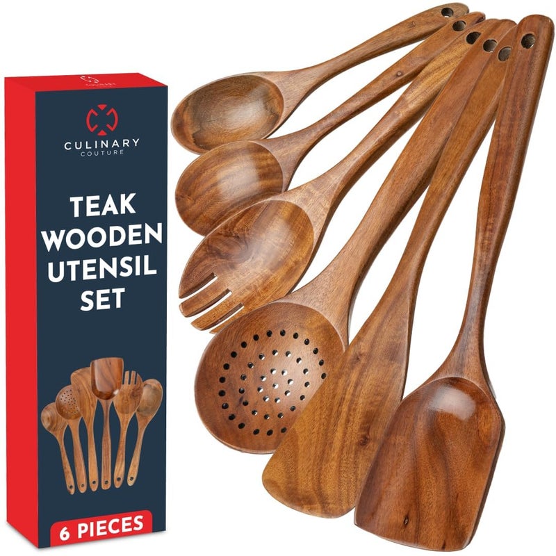Culinary Couture Teak Wooden Utensil Set 6-Piece - Smooth Finish Wooden Spoons for Cooking - Comfortable Grip, Non Scratch Premium Kitchen Wooden Cooking Utensils Set Teak Wood Cooking Utensils - Image 1