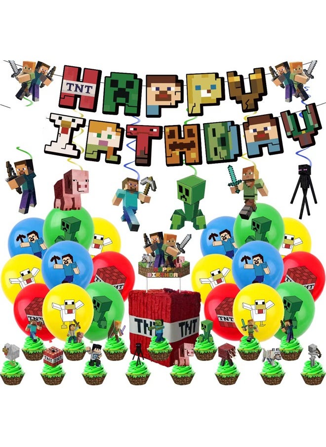 Zeemey - Minecraft Balloon Garland Set with  Happy Birthday Banner,Cake Topper,Perfect for Graduation Baby Shower Birthday Bachelorette Party Backdrop Decoration,Suitable for Indoor and Outdoor - Image 1