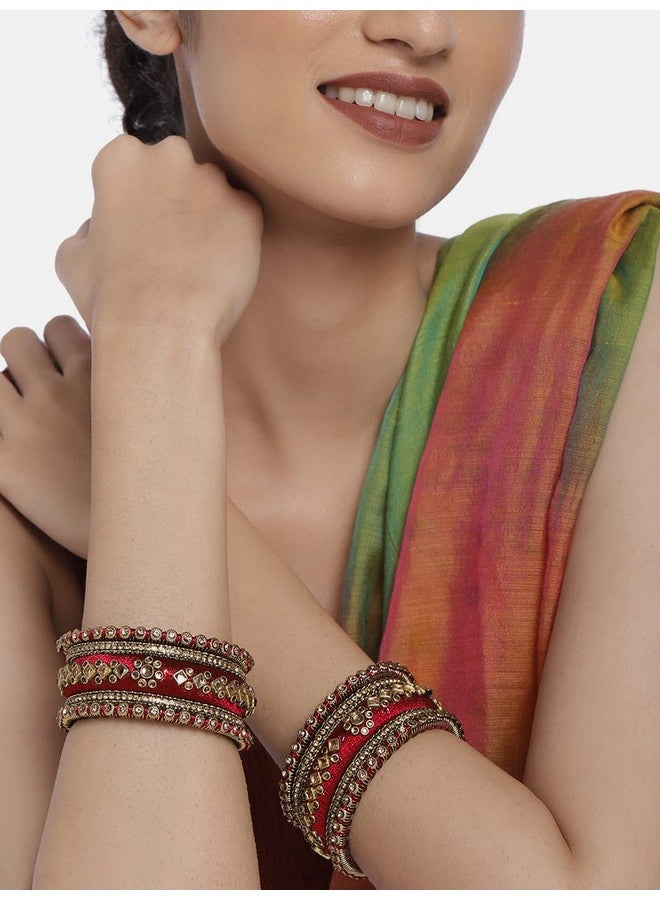 Peora Gold Plated Maroon Velvet Fancy Kundan Silk Thread Chuda Bangle Set Indian Traditional Bridal Fashion Jewellery for Women Girls Navratri Gift, Size - 2.6 - Image 3