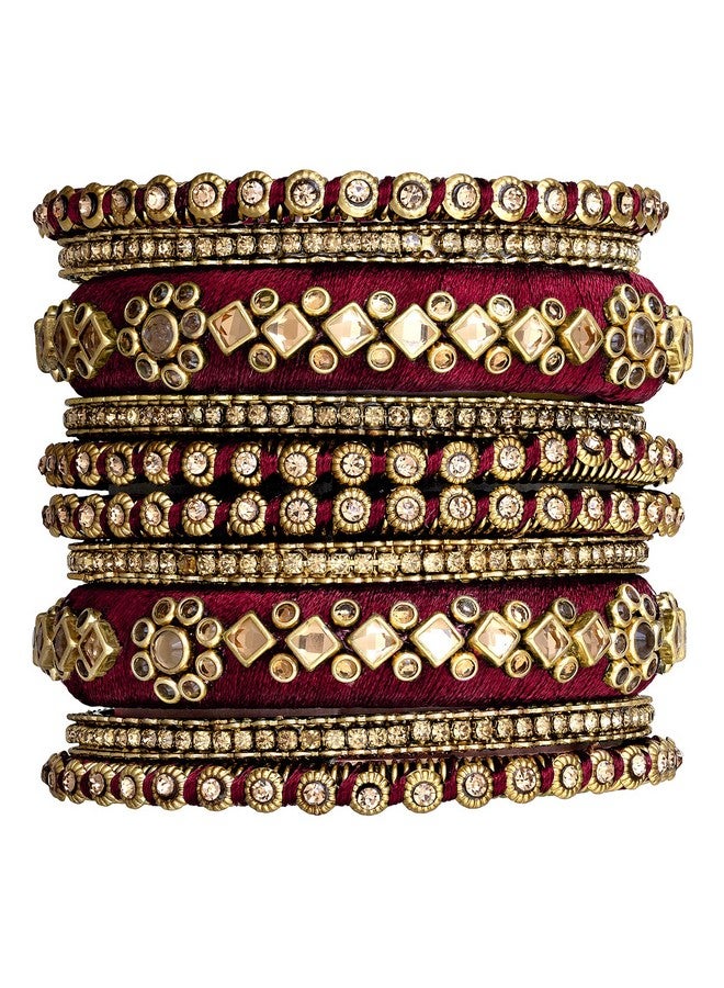 Peora Gold Plated Maroon Velvet Fancy Kundan Silk Thread Chuda Bangle Set Indian Traditional Bridal Fashion Jewellery for Women Girls Navratri Gift, Size - 2.6 - Image 1