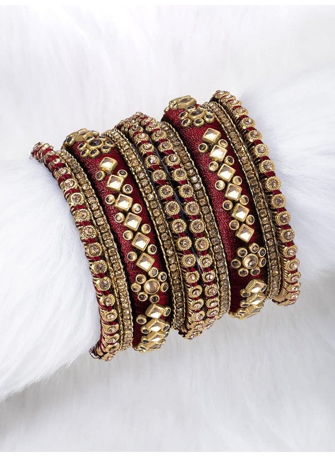 Peora Gold Plated Maroon Velvet Fancy Kundan Silk Thread Chuda Bangle Set Indian Traditional Bridal Fashion Jewellery for Women Girls Navratri Gift, Size - 2.6 - Image 2