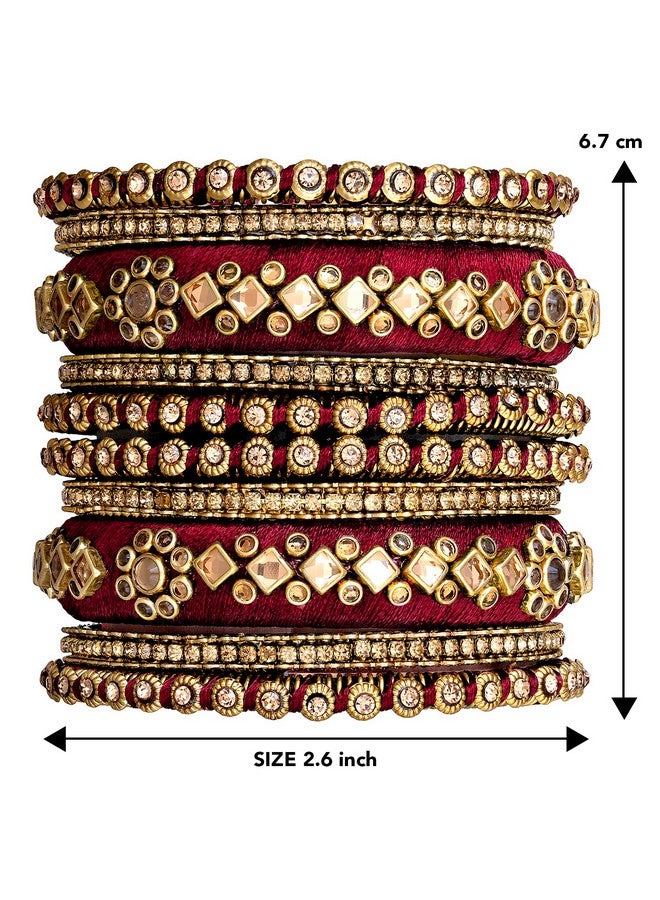 Peora Gold Plated Maroon Velvet Fancy Kundan Silk Thread Chuda Bangle Set Indian Traditional Bridal Fashion Jewellery for Women Girls Navratri Gift, Size - 2.6 - Image 5
