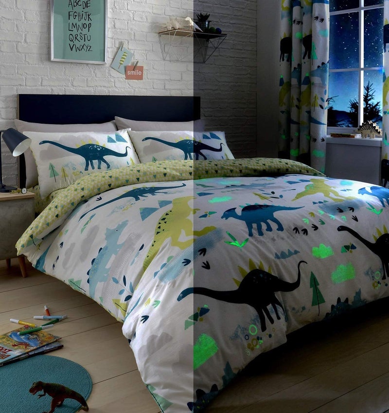 Bedlam  Glow in the Dark Dinosaur Duvet Cover  Single Bedding Size 200 x 140cm  Reversible Designs Geometric Triangle  Dinosaur Bedding for Kids  Dinosaur Bedroom Accessories