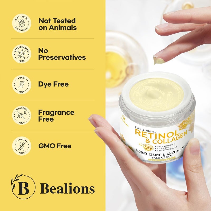 Bealions Retinol Cream for Face Anti Aging: Wrinkle Cream for Face Neck with Collagen Hyaluronic Acid - Night Moisturizer for Men Women - Facial Skin Care Christmas Gift for Mom Dad Sister - Image 4