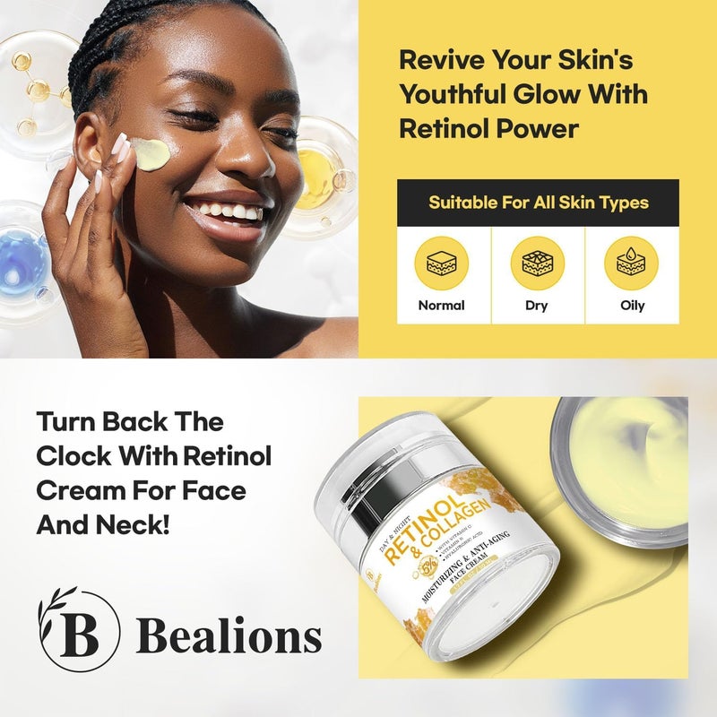 Bealions Retinol Cream for Face Anti Aging: Wrinkle Cream for Face Neck with Collagen Hyaluronic Acid - Night Moisturizer for Men Women - Facial Skin Care Christmas Gift for Mom Dad Sister - Image 3