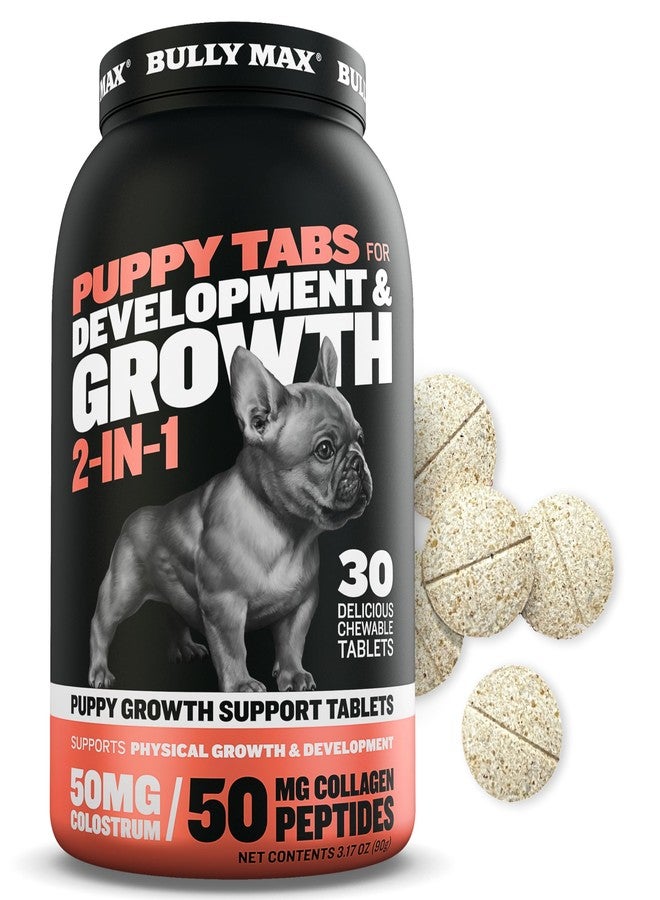 Bully Max 2-in-1 Puppy Vitamins - 30 Chewable Tablets for Development and Growth of Puppies - Dog Treats, Vitamin & Supplements for Small Dogs & Large Breed Growing Pups - Can Be Used as Food Topper - Image 1
