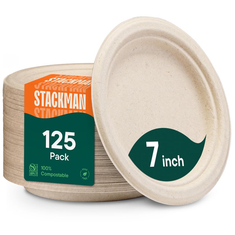 Stack Man Paper Plates  100% Compostable Heavy Duty  Disposable 7 Inch  Small Dessert Plate - [125-Pack] - {PFAS-Free} - {BPI Certified} Eco-Friendly  Biodegradable Bagasse Natural Brown 7"" Small Plates - Image 1