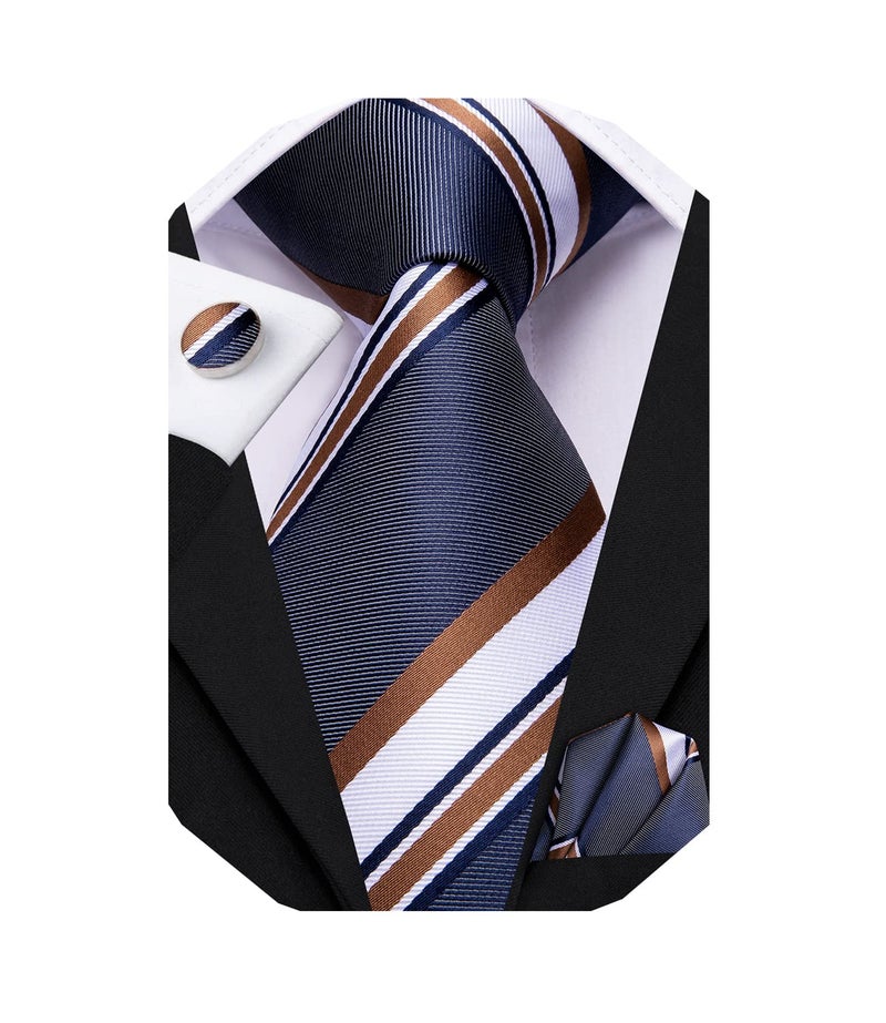 Dubulle Mens Blue Brown Striped Tie WOVEN Necktie for Men and Handkerchief Cufflinks Set Wedding Formal Business - Image 1