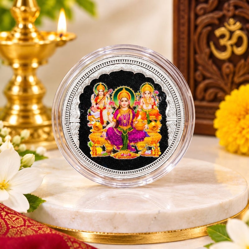KHUSHBOO JEWELS 10G 999 FINE PURE SILVER LAKSHMI GANESHA SARASWATI COLOURED COIN - Image 1