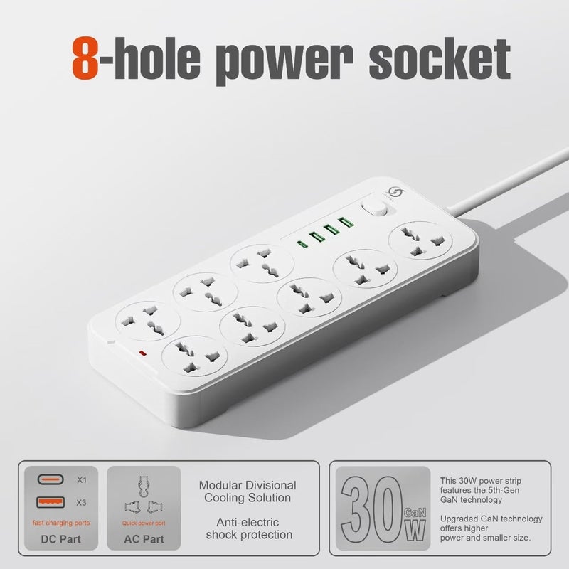 انفلكس سلك تمديد مع 8 منافذ، سلك بطول 3 أمتار مع منافذ USB ونوع C، واقي من زيادة التيار ومحول متعدد المقابس، محور USB ذكي مع مقبس - مثالي للألعاب مع قابس مدمج 13 أمبير - Image 4