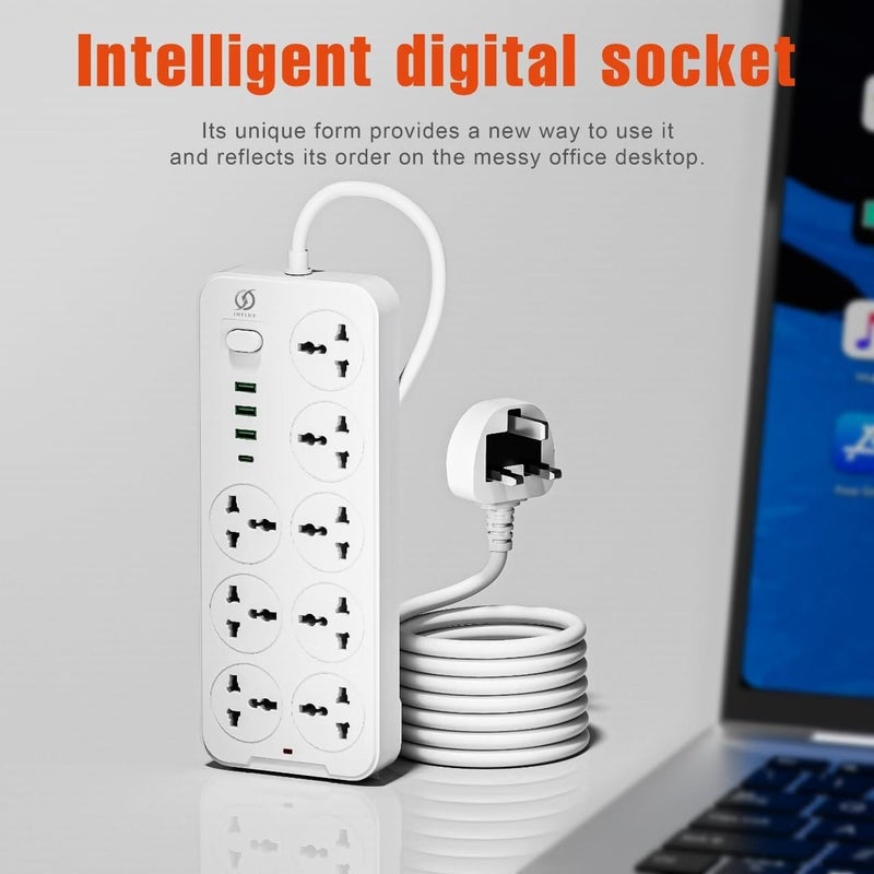 انفلكس سلك تمديد مع 8 منافذ، سلك بطول 3 أمتار مع منافذ USB ونوع C، واقي من زيادة التيار ومحول متعدد المقابس، محور USB ذكي مع مقبس - مثالي للألعاب مع قابس مدمج 13 أمبير - Image 5