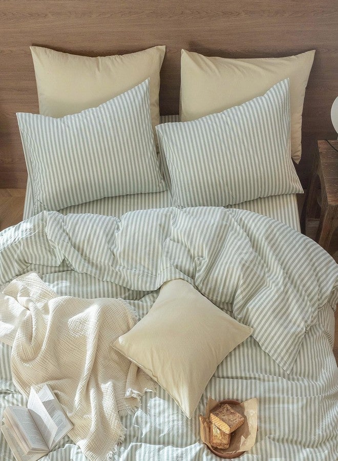 مومى أغطية وسائد مخططة من مومي، عبوة من قطعتين، مصنوعة من القطن المغسول بنسبة 100%، ذات ملمس يشبه الكتان، قابلة للتهوية، متينة، ناعمة ومريحة (أخضر حكيم وأبيض مخطط كلاسيكي، مقاس كينج) - Image 3