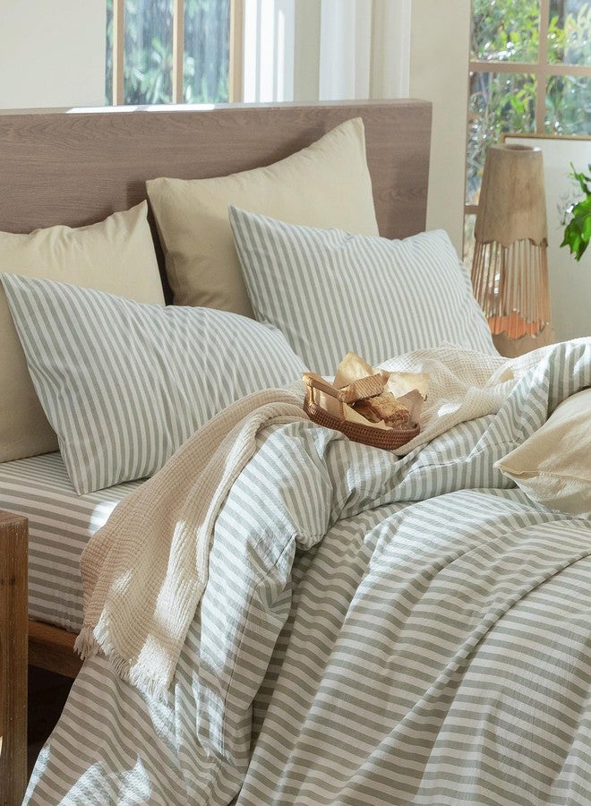 مومى أغطية وسائد مخططة من مومي، عبوة من قطعتين، مصنوعة من القطن المغسول بنسبة 100%، ذات ملمس يشبه الكتان، قابلة للتهوية، متينة، ناعمة ومريحة (أخضر حكيم وأبيض مخطط كلاسيكي، مقاس كينج) - Image 5