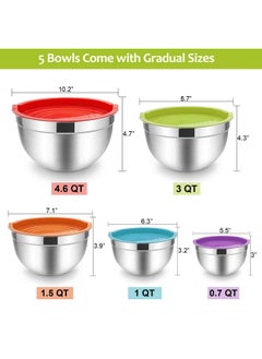 E-far E-far Mixing Bowls with Lids Set of 5, Stainless Steel Mixing Bowls Metal Nesting Bowls with Airtight Lids, Non-toxic & Dishwasher Safe, Great for Cooking, Baking, Serving - Size 0.7/1/1.5/3/4.6QT  - Image 3