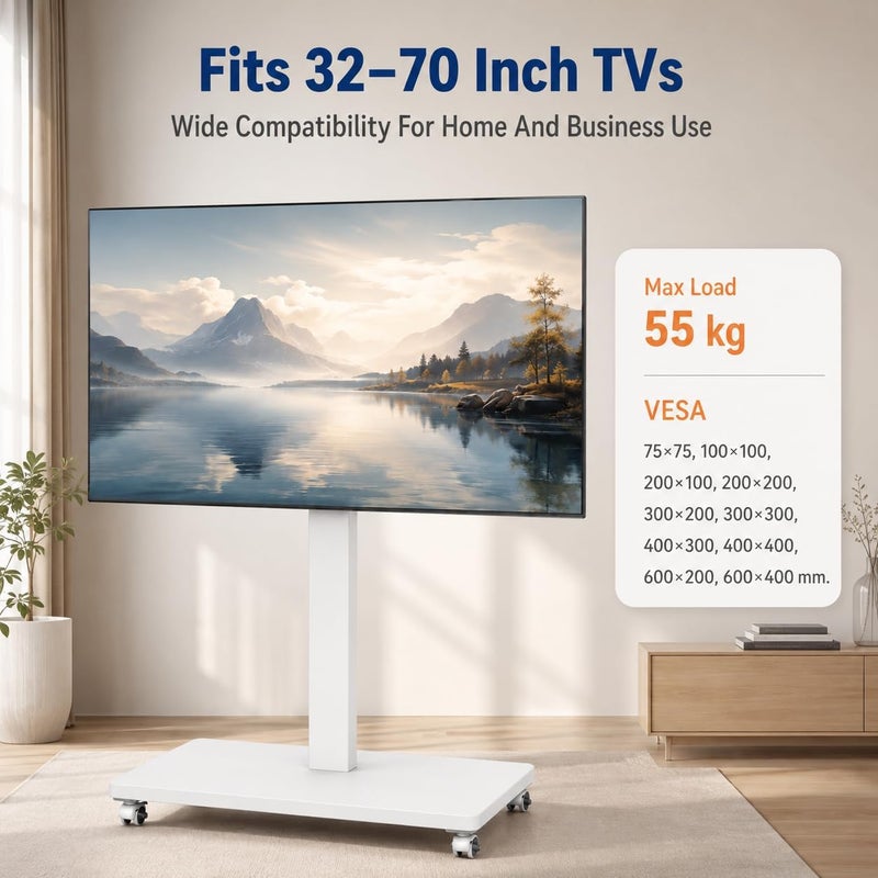 Bentifar Mobile TV Stand Cart for 32-70 Inch TVs, Portable TV Stand on Wheels, Swivel Rolling Height Adjustable, Modern Mobile Black TV Cart for Bedroom Home Office (White) - Image 4