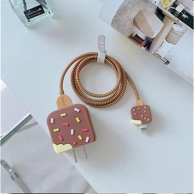 Apple ™ CUTE FUNNY PROTECTIVE CASE FOR APPLE 20W/18W USB-C, USB - A, POWER ADAPTER CHARGERS AND USB LIGHTNING CABLE (4 IN 1) (ICE CREAM) - Image 1
