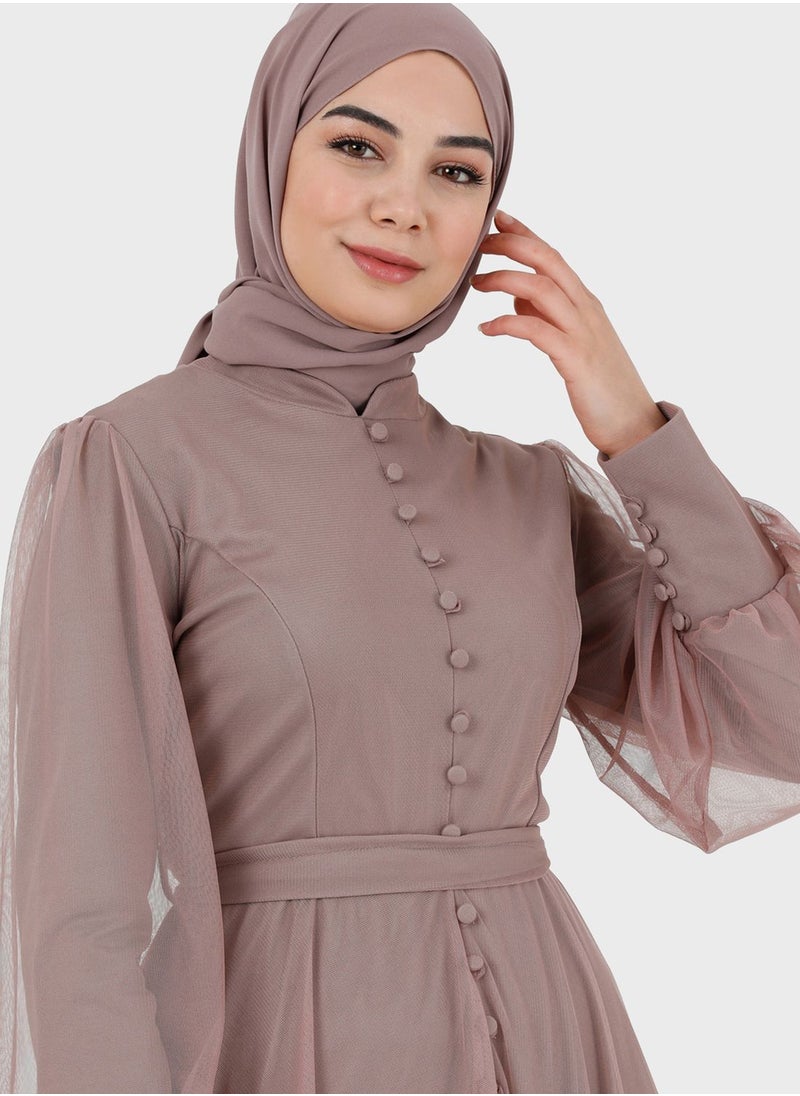 Tavin by Modanisa - Button Detail Mesh Tiered Dress - Image 1