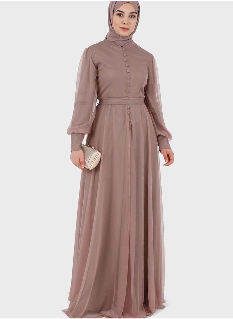 Tavin by Modanisa - Button Detail Mesh Tiered Dress - Image 1