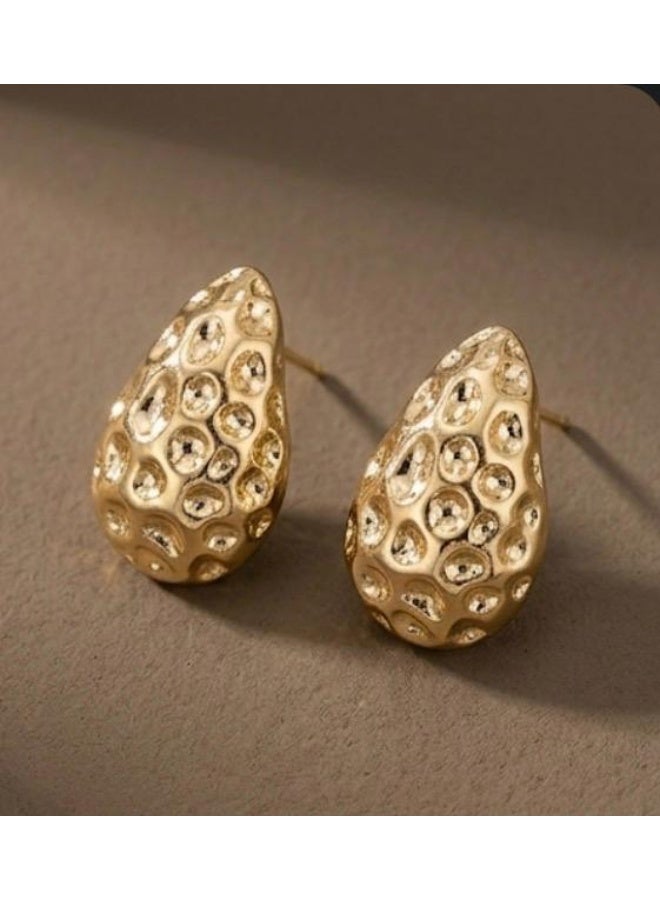 Statement Hammered Gold-Tone Teardrop Earrings – Large Textured Metallic Studs with High-Shine Finish