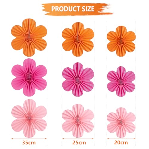 SUNBEAUTY 9 Pcs Hot Pink and Orange Paper Flowers Decorations for Wall Spring Summer Vibrant Decorations for Wall Rock Party Girl Groovy Birthday Baby Shower Wedding Bachelorette Room Hanging Decor - Image 3