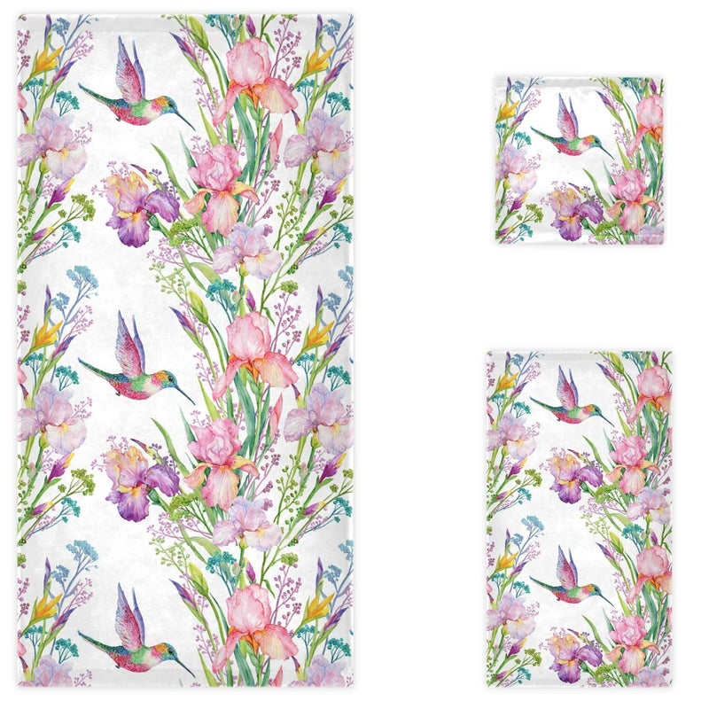 Naanle Spring Hummingbird Irises Flowers Floral Soft Luxury Decorative Set of 3 Towels 1 Bath Towel1 Hand Towel1 Washcloth Multipurpose for Bathroom Hotel Gym Spa and Beach
