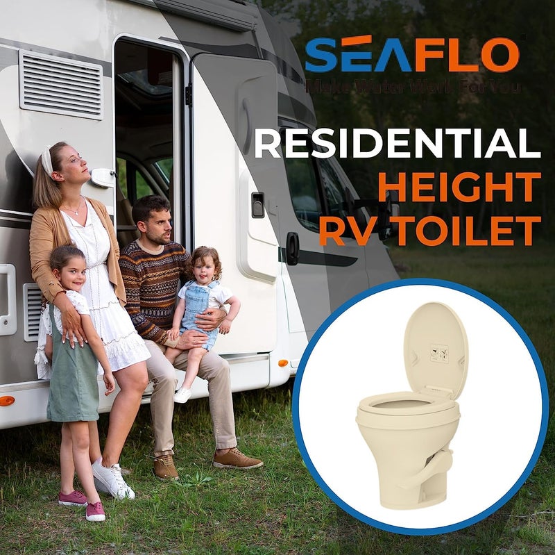 SEAFLO مرحاض SEAFLO RV - ارتفاع قياسي، تدفق جاذبية، دواسة قدم، غطاء يغلق برفق (لون العظم) - Image 2