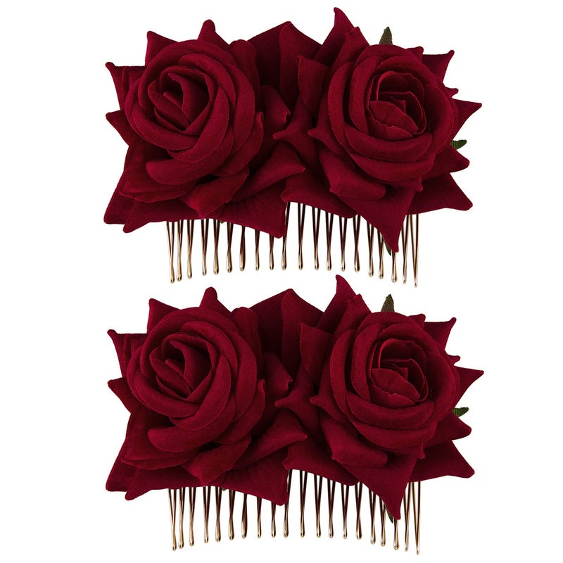 CROWN GUIDE 2Pack Rose Flower Bridal Hair Combs Women Wedding Hair Accessories Pieces For Brides Flamenco Dancer Hairstyles Red