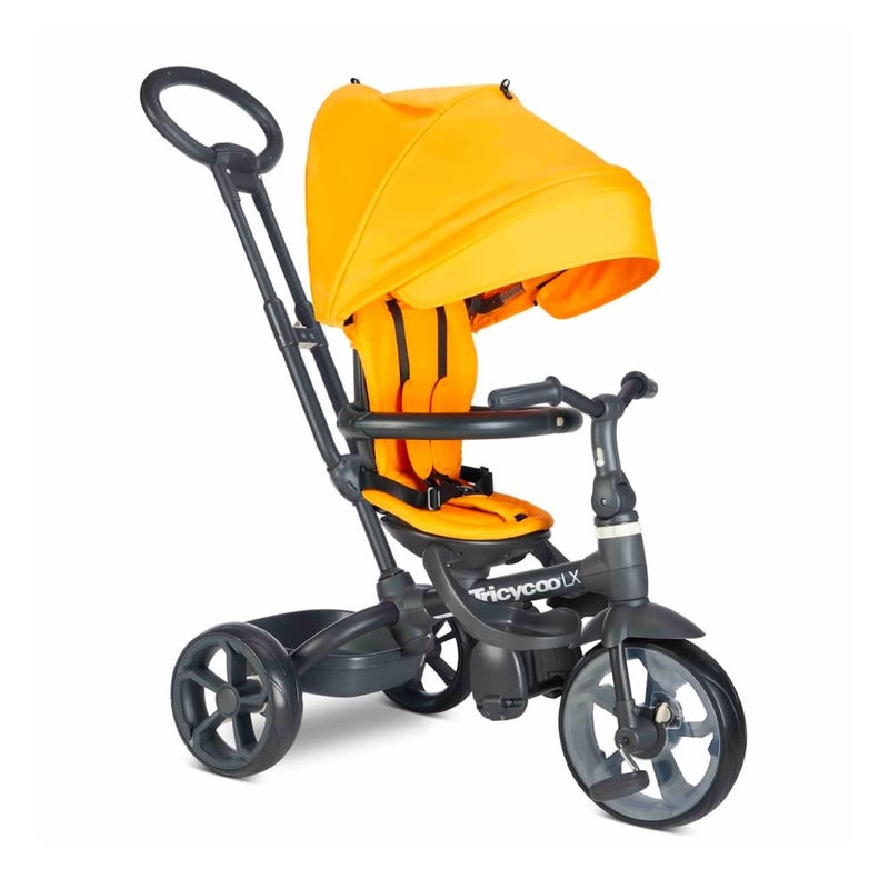 Joovy Joovy Tricycoo LX Premium Kids Tricycle with 8 Stages Featuring Chunky Front Tire Removable and Adjustable Parent Handle Safety Harness MachineWashable Seat Pad and Retractable Canopy Zinnia 