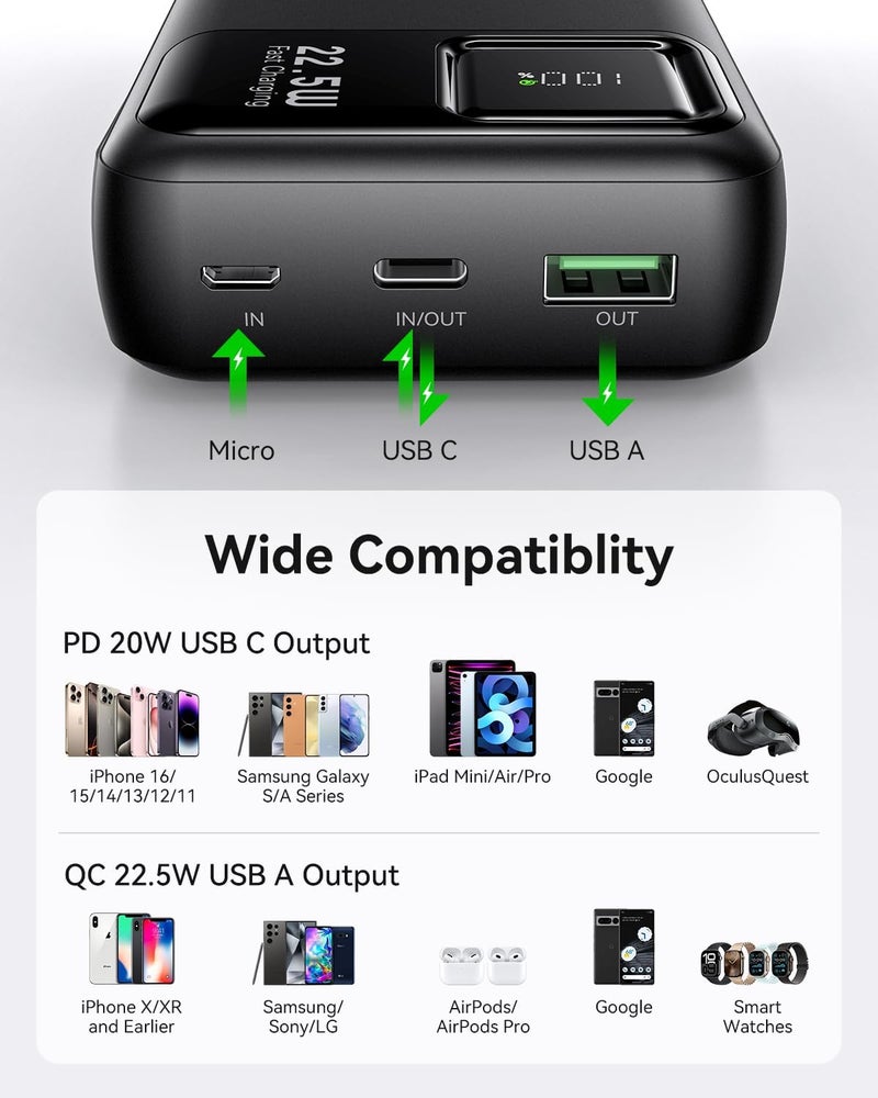 KUULAA Power Bank 20000mAh, Portable Charger 22.5W Fast Charging, Powerbank with LED Display Compatible with iPhone 16 15 14 13 12 Samsung iPad - Black - Image 5