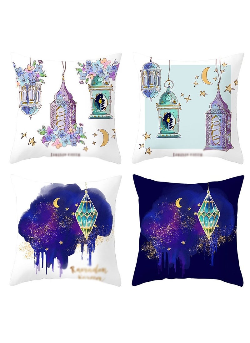 Generic Square Throw Pillow Covers, Ramadan Moon Lantern Pattern Pillow Case, for Sofa Garden, Terrace, Eid Mubarak Decoration Bench Home Bed Decorative Cushion Cover -Set of 4 (No Inserts)  - Image 1
