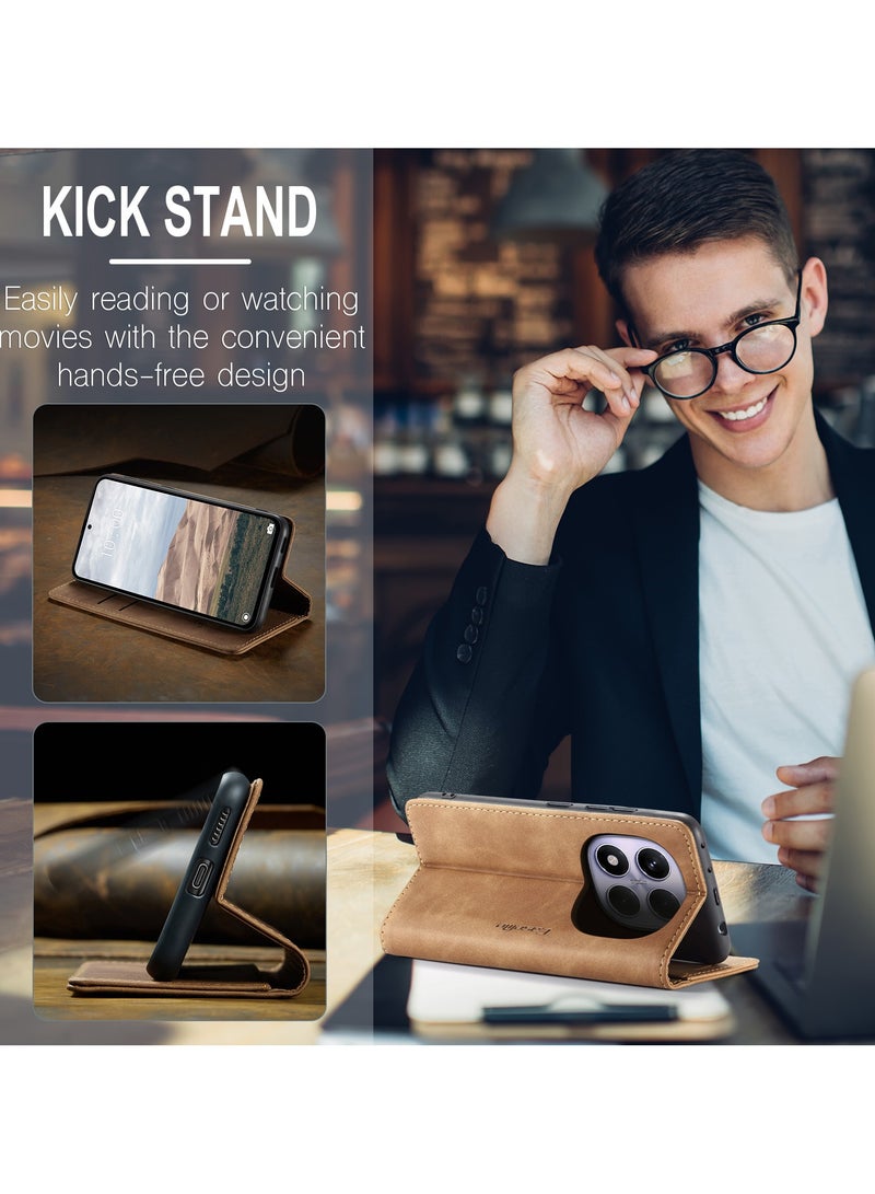 كيس مي جراب موبايل من الجلد الصناعي الفاخر  013 وحامل للكروت و البطاقات متوافق مع Redmi Note 14 Pro 4G (بني) - Image 5