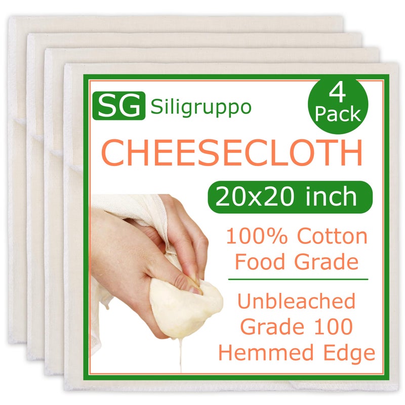Siligruppo 4-Pack Hemmed Cheesecloths - 20"X20" Reusable Unbleached Cotton For Cheese Making, Nut Milk, Yogurt Straining & Crafts. Food-Grade, Pre-Cut With Reinforced Edges - Image 1