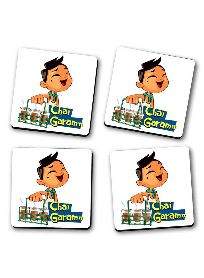 ASHVAH Chai Garam Print/Typography Tea/Coffee Mug/Designer Handmade Wooden Coaster Set for Home Kitchen, Office Desk - Set of 4 - Square: 10cm - Image 2