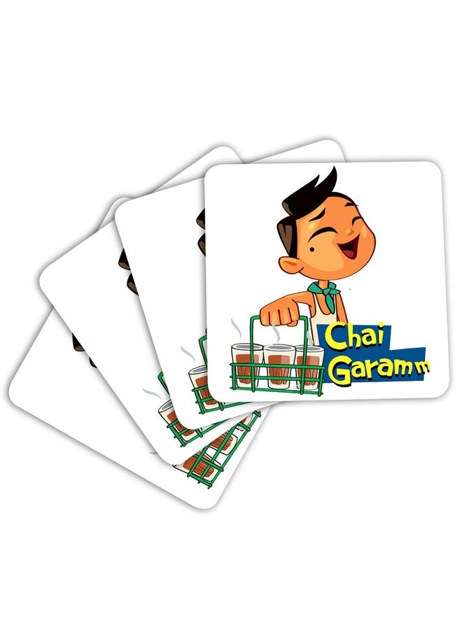 ASHVAH Chai Garam Print/Typography Tea/Coffee Mug/Designer Handmade Wooden Coaster Set for Home Kitchen, Office Desk - Set of 4 - Square: 10cm - Image 3