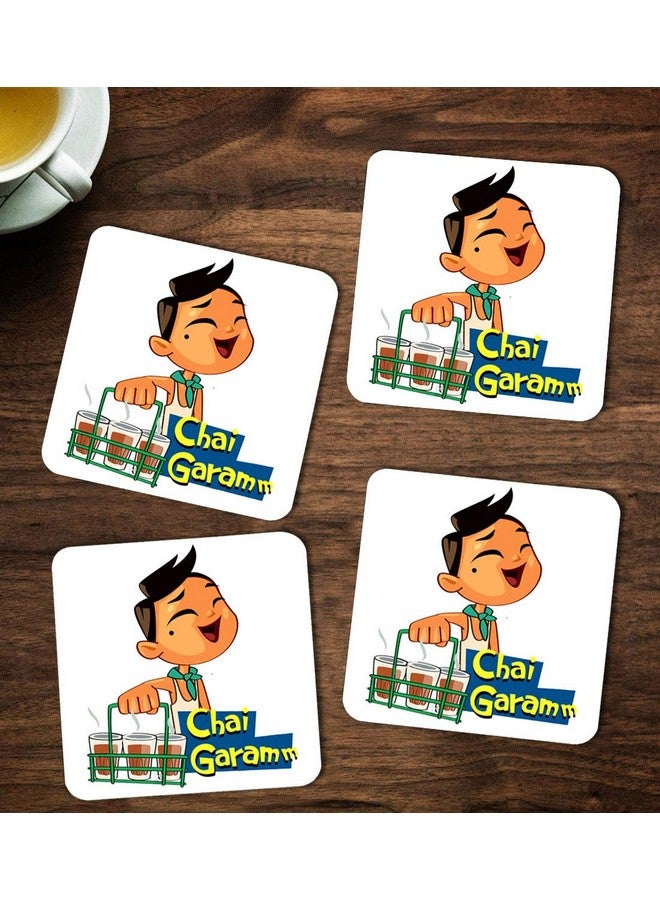 ASHVAH Chai Garam Print/Typography Tea/Coffee Mug/Designer Handmade Wooden Coaster Set for Home Kitchen, Office Desk - Set of 4 - Square: 10cm - Image 1