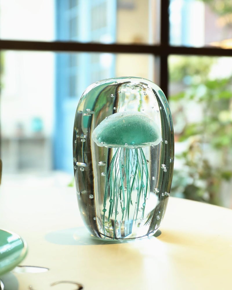 Bdor Glass Jellyfish Figurine  Hand Blown Art  Glow In The Dark Paperweight  Sea Ornament  Home Decor Gift  Green - Image 1