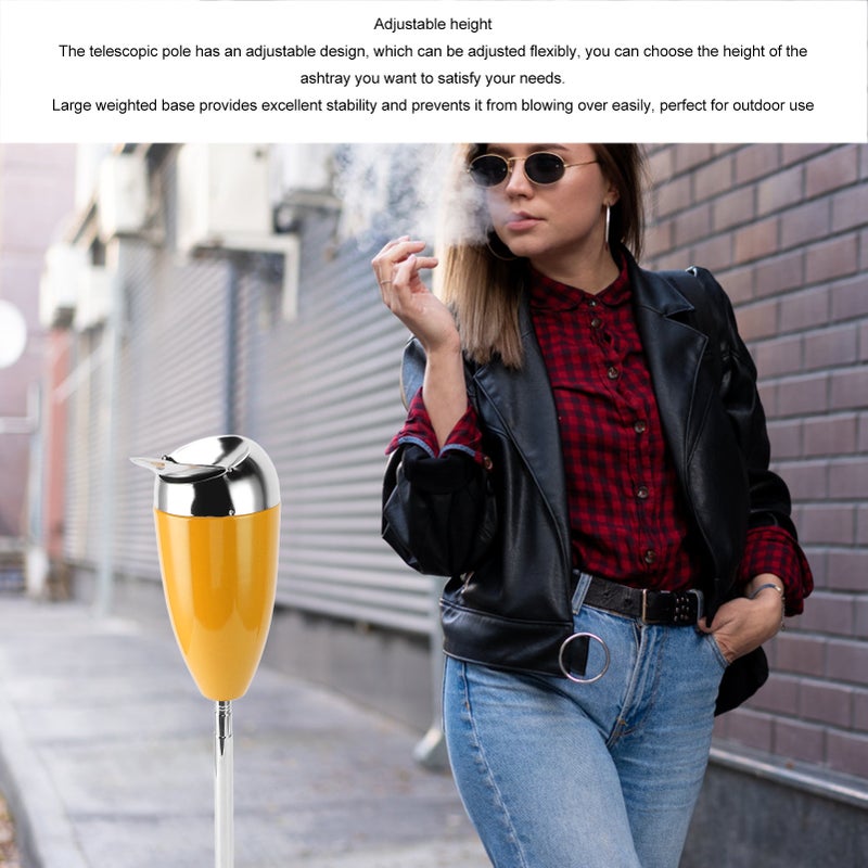 Outdoor Standing Ashtray with Lid Large Capacity Self Cleaning Detachable Adjustable Height Floor Standing Ash Tray for Home Patio Yellow - Image 4